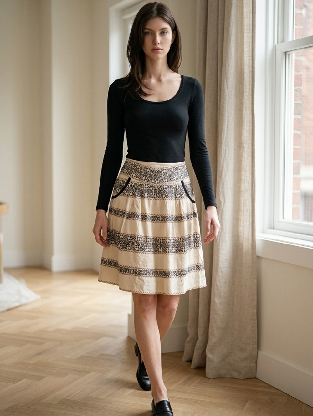 Nanette Lepore Ivory and Black A-Line Skirt